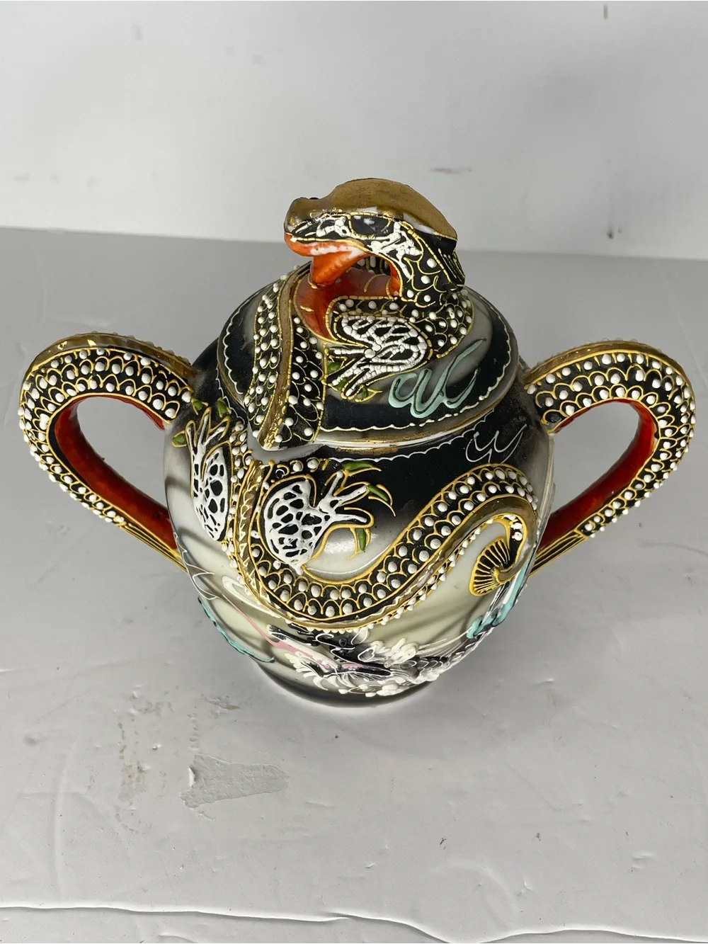Vintage Victoria China Dragon Sugar Bowl Moriage Dragonware 3D Gold Trim